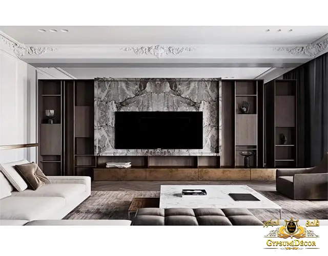 مكتبات خشب للشاشه مع خلفية بديل الرخام